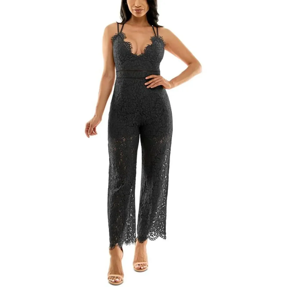 Bebe Womens Black Lace Straight Leg Special Occasion Jumpsuit Juniors NWT